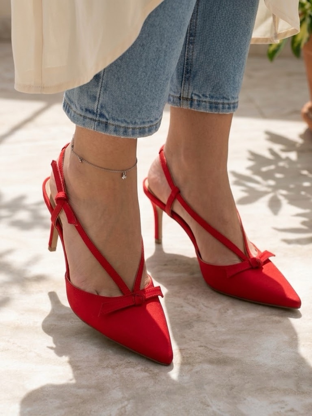 Red Pointed-Toe Slingback Heels with Bow Accent